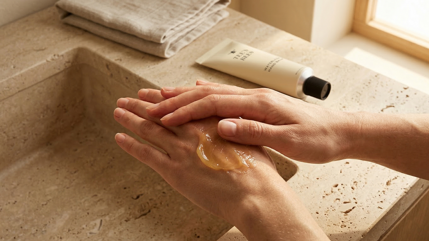 Person applying lotion to hands on a bathroom counter with a tube of lotion and towel in the background.