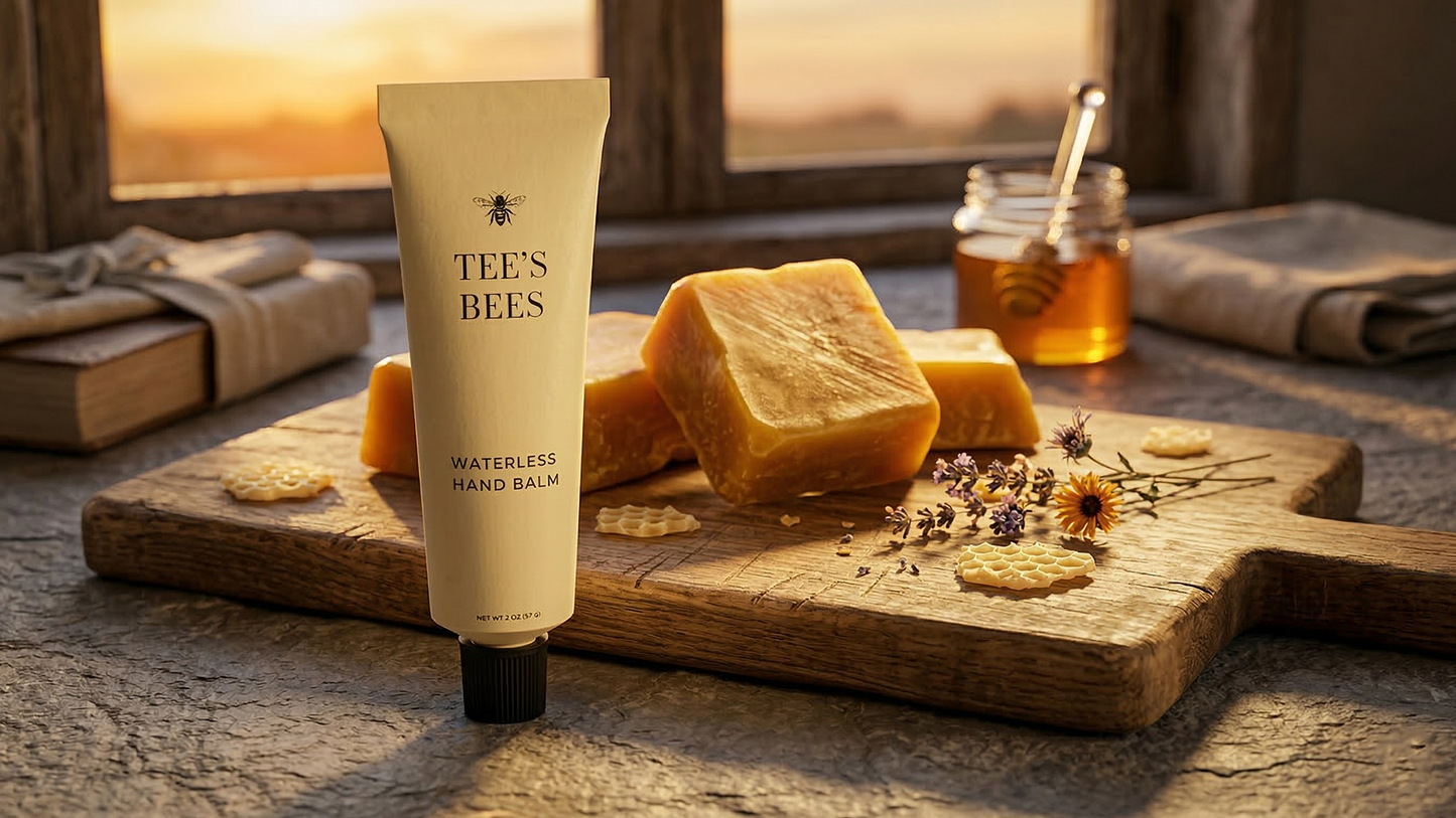 Tee's Bees waterless hand balm on a wooden board with honey and beeswax, sunset in the background.