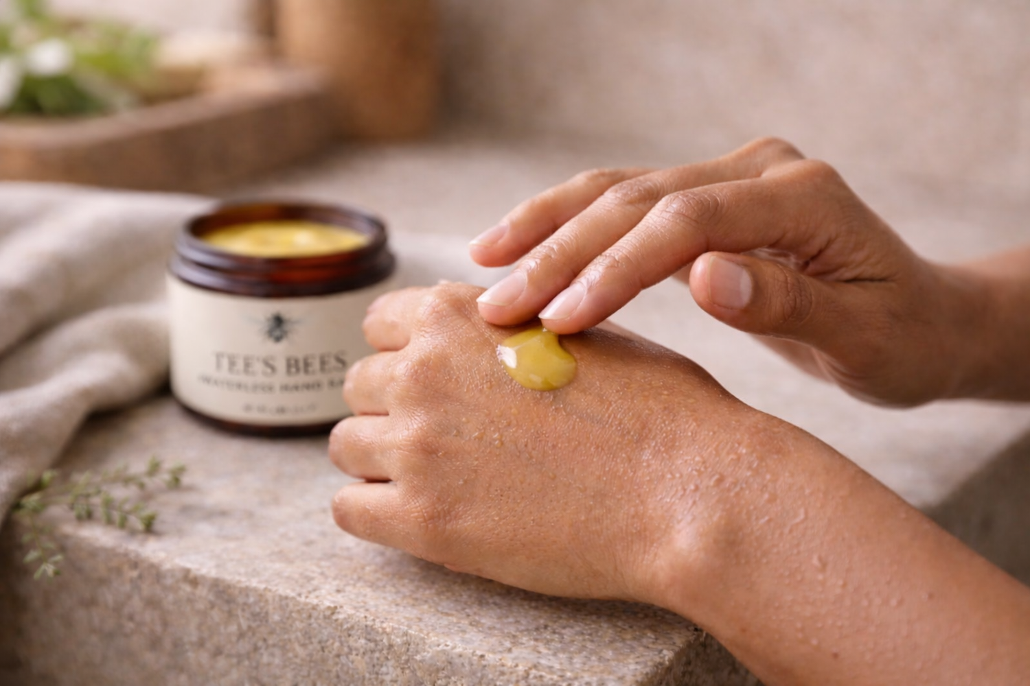 Person applying cream from a jar labeled 'Tee's Bees' to their hand on a textured surface.