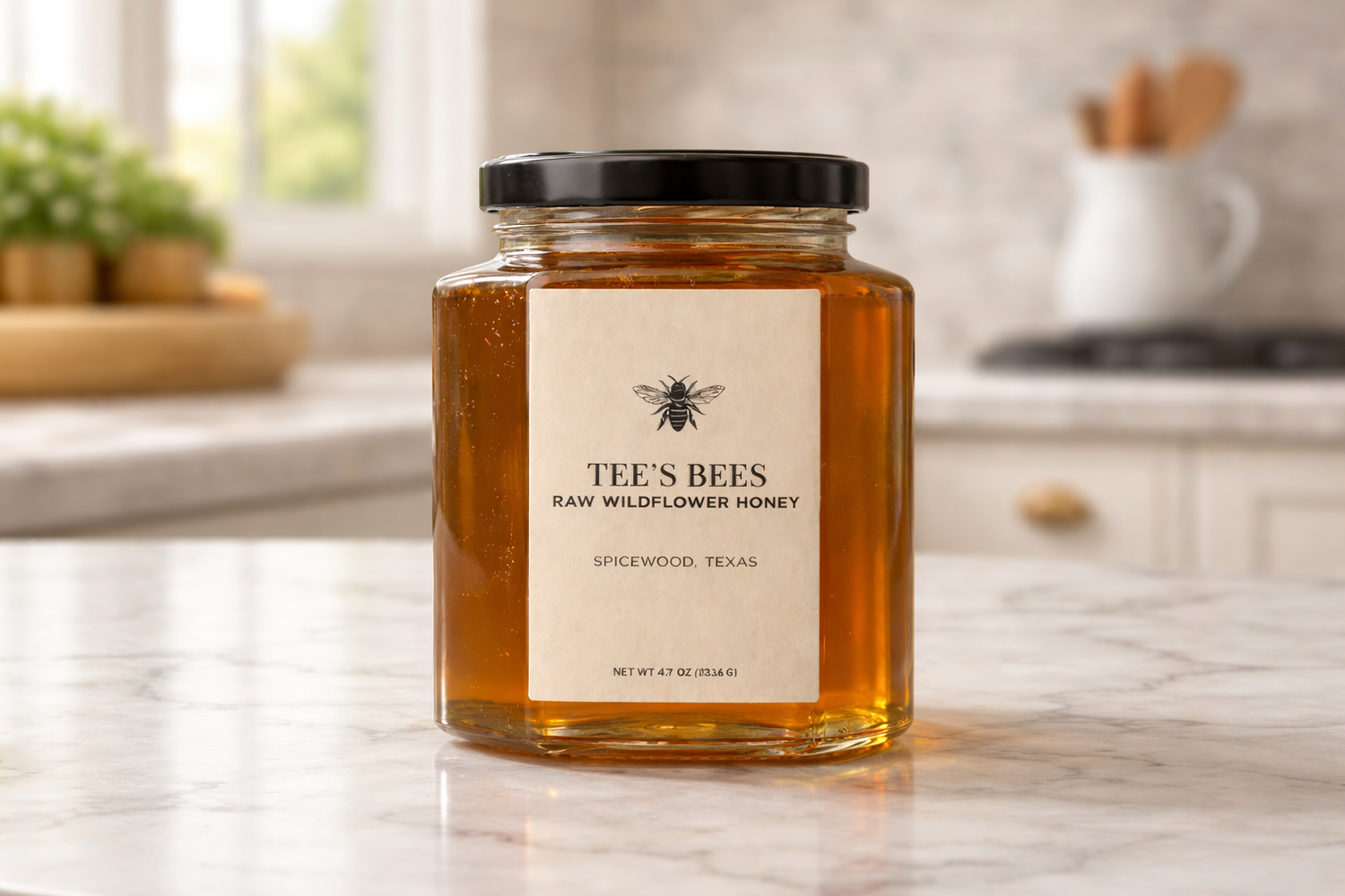 Jar of Tee's Bees raw wildflower honey on a kitchen counter