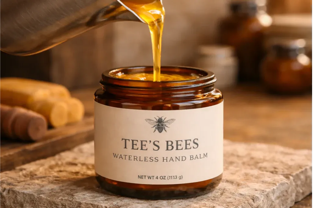 Tee's Bees waterless hand balm being poured into a jar with a wooden background.