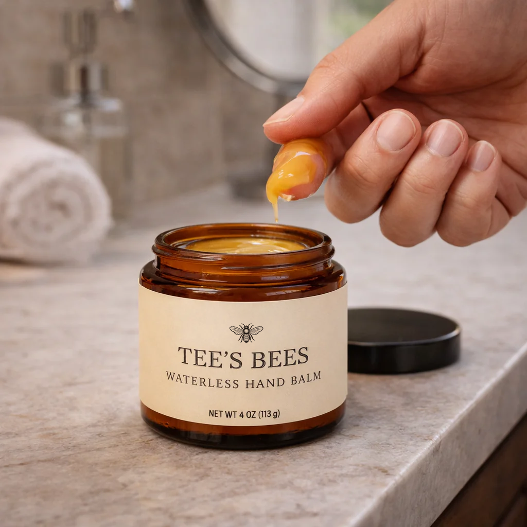 Hand applyingTEE'S BEES waterless hand balm from a jar on a bathroom counter.